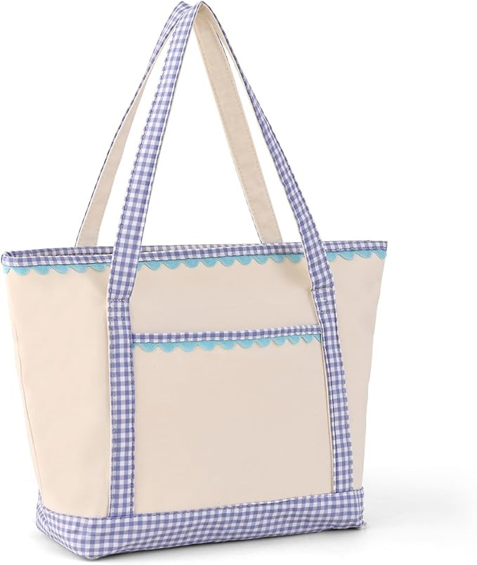 Gingham Tote Bag for Women | Durable Canvas, Zipper Closure, Large Capacity, with Pocket, for Dai... | Amazon (US)