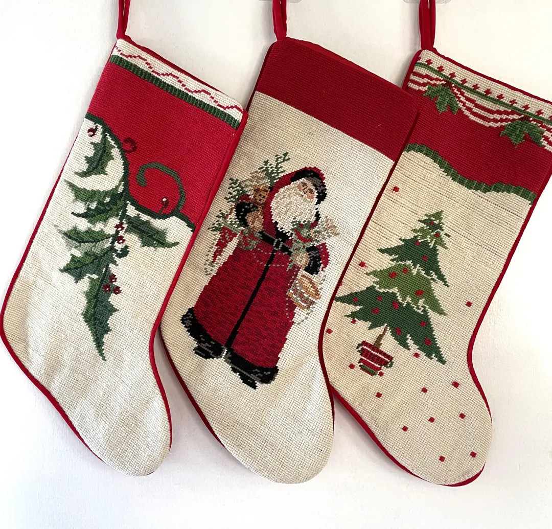 Cream Colored Tree & Santa Handmade Wool Needlepoint Christmas Stockings, Embroidered Holiday Gif... | Etsy (US)