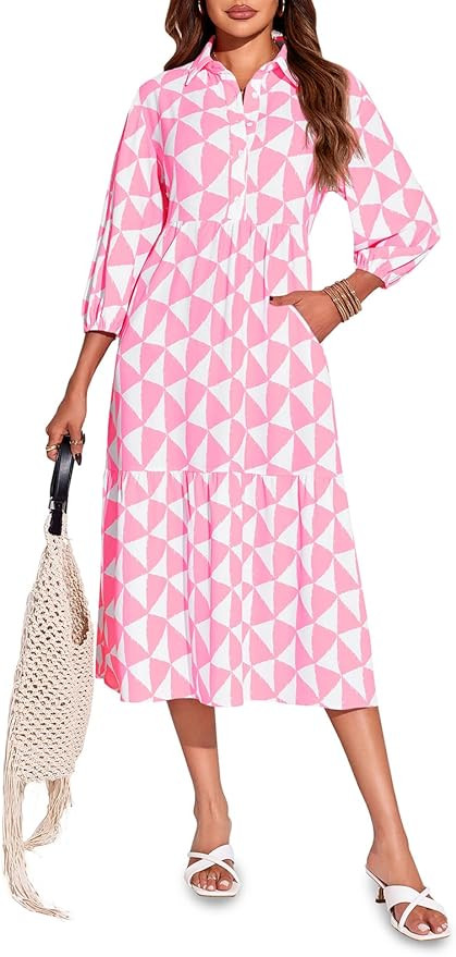 Wenrine Womens Boho Midi Dress Long Sleeve Casual Color Block Beach Button Down Shirt Dress | Amazon (US)