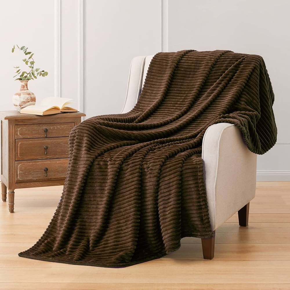 Vessia Flannel Fleece Throw Blanket, 300GSM Cozy Brown Stripe Throw Blanket for Couch, Sofa and B... | Amazon (CA)