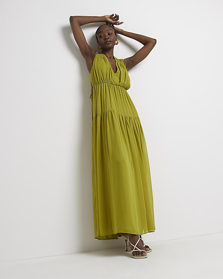 Green gathered smock maxi dress | River Island (UK & IE)