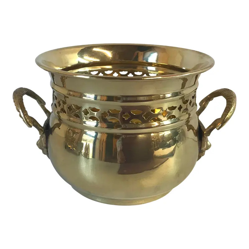 Vintage Brass Round Planter With LionÂs Mask Handles | Chairish