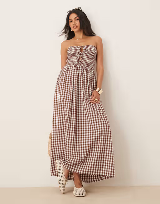 ASOS DESIGN shirred tie front bandeau maxi dress in chocolate gingham | ASOS (Global)