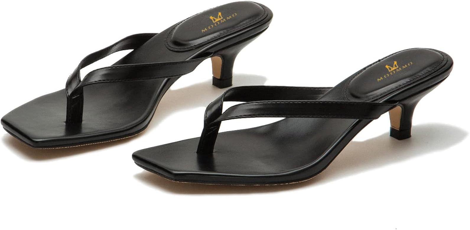 MOOMMO Thong Sandals Flip Flop Mules Kitten Heels Open Square Toe for Women Slim Matte Leather Comfo | Amazon (US)