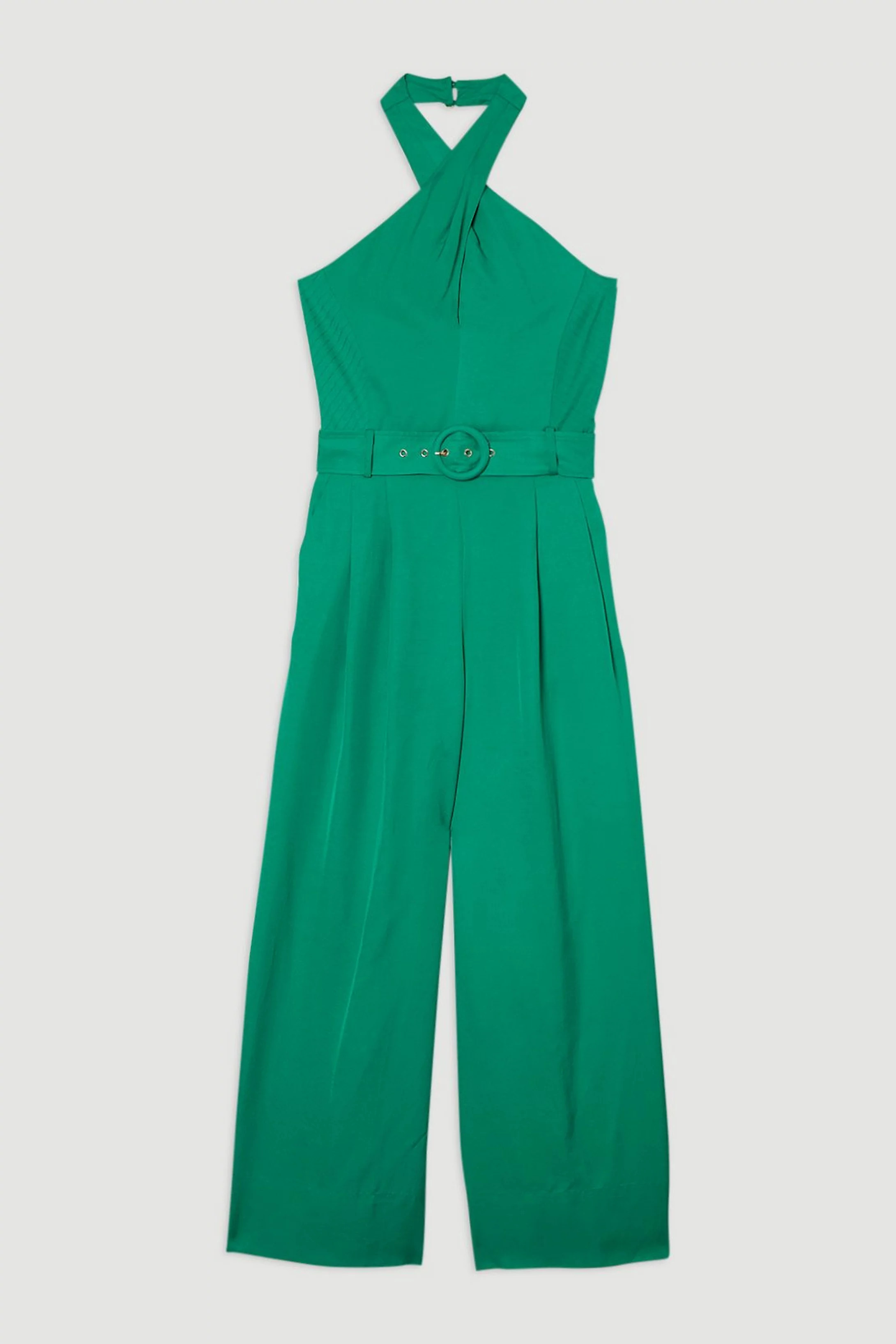 Premium Viscose Linen Cross Front Halter Belted Woven Wide Leg Jumpsuit | Karen Millen | Karen Millen US