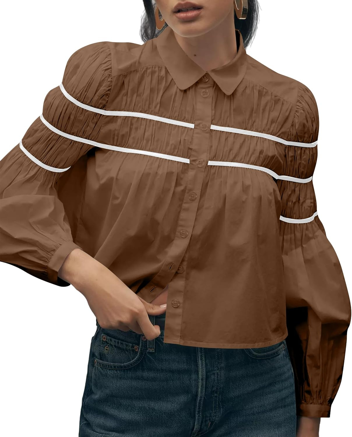Women Button Front Shirred Contrast Peter Pan Collar Blouse | Amazon (US)