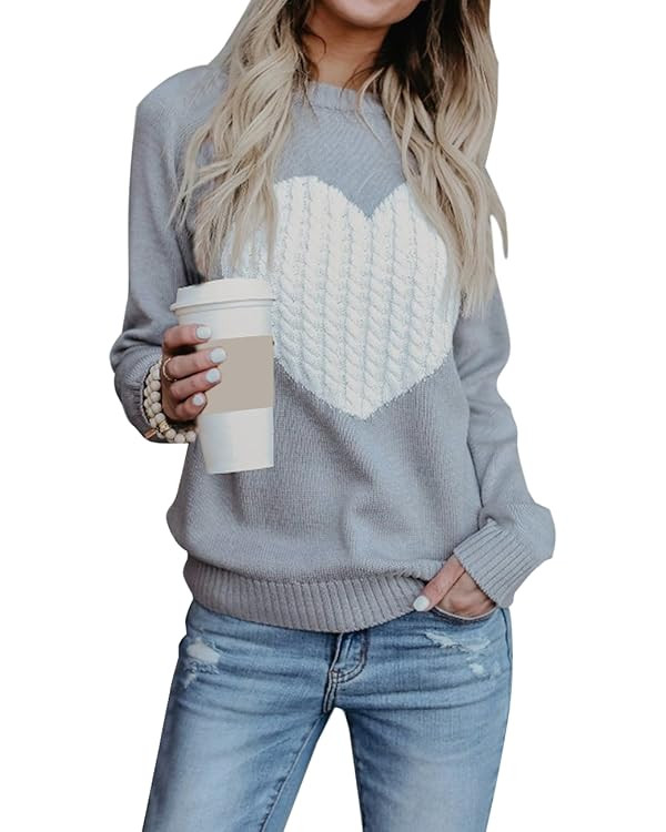 shermie Women's Pullover Sweaters Long Sleeve Crewneck Cute Heart Knitted Casual Sweater | Amazon (US)