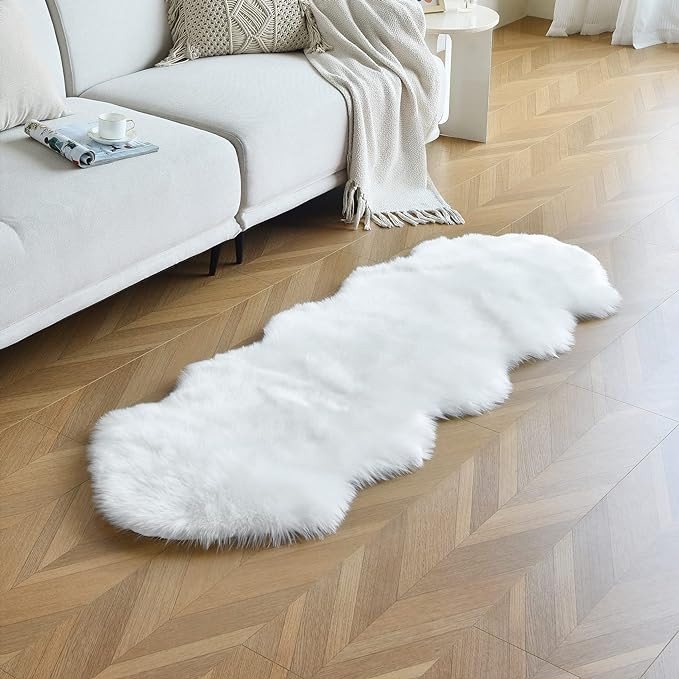 duduta White Faux Sheepskin Bedside Living Room Rugs 2 x 6 ft Fluffy Shag Couch Sofa Covers | Amazon (US)
