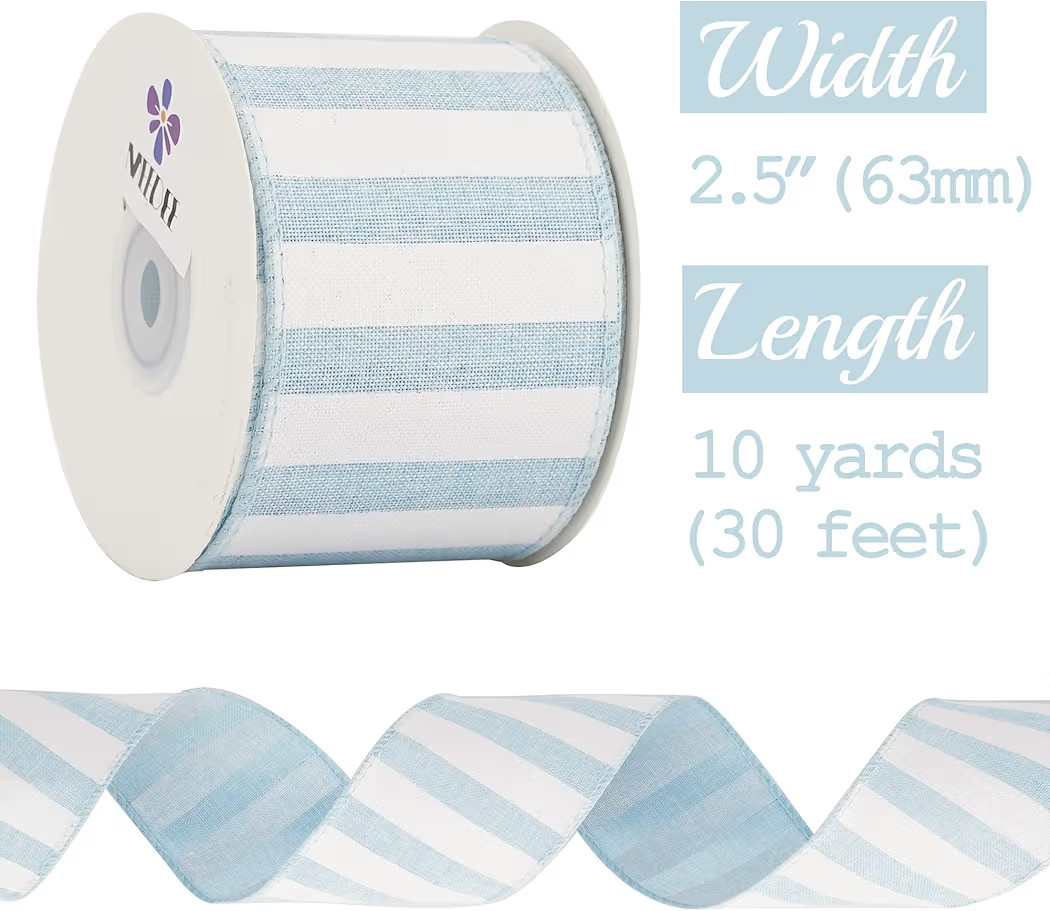MEEDEE Blue White Stripe Ribbon 2.5 Inch Light Blue Wired Ribbon for Baby Boy Wreath, Baby Shower... | Amazon (US)