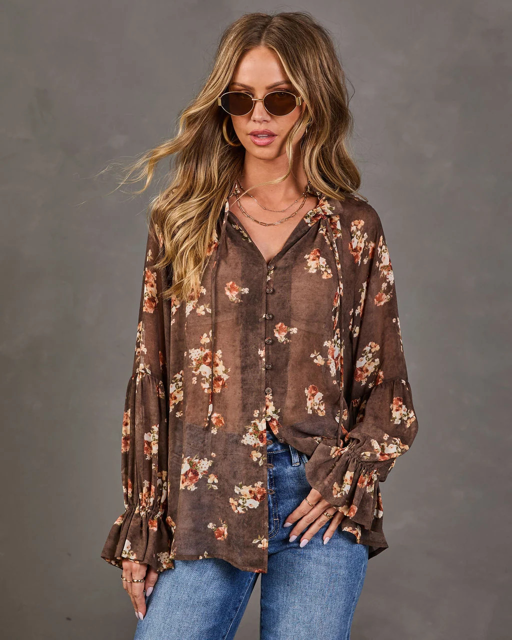 Seasons Story Floral Chiffon Mock Neck Blouse Brown Floral / S | VICI