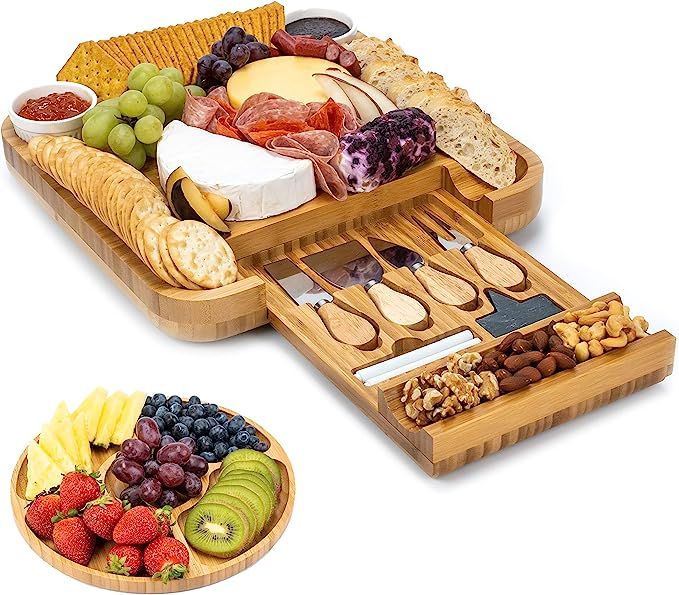 SMIRLY Cheese Board and Knife Set: 13 x 13 x 2 Inch Wood Charcuterie Platter for Wine, Cheese, Me... | Amazon (US)