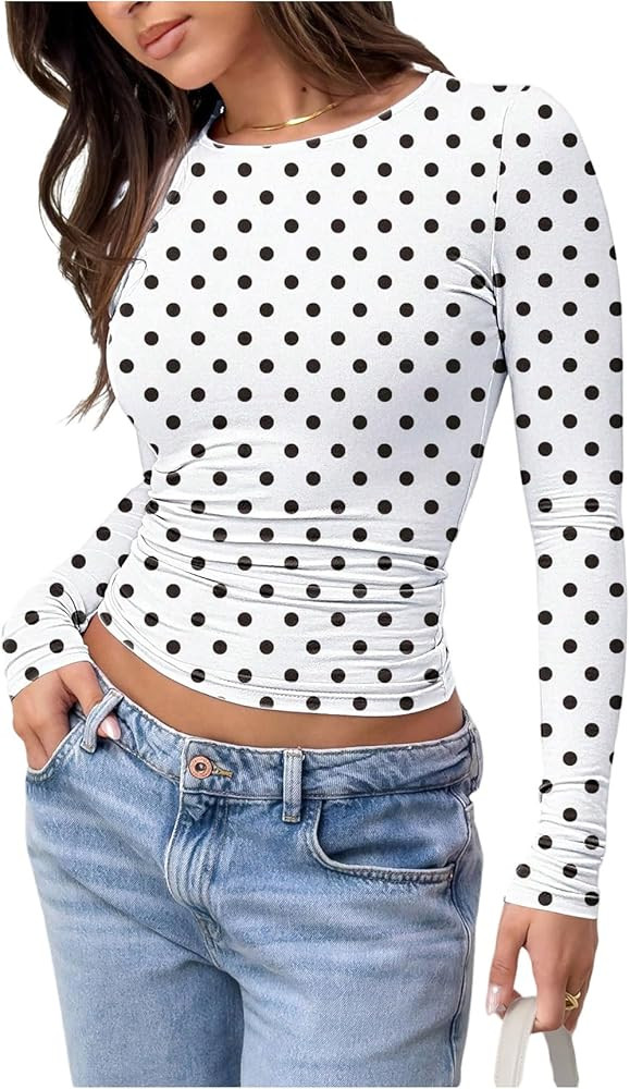GORGLITTER Women's Polka Dots Long Sleeve Crop Tops Dressy Casual Crew Neck Date Night Fitted T S... | Amazon (US)