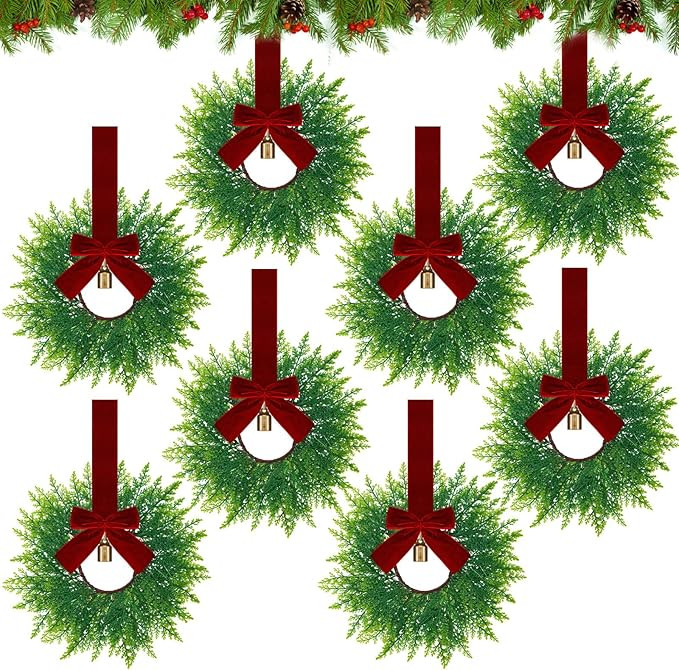 Dingion 8 Pcs 9.8" Small Christmas Cabinets Wreaths Mini Wreaths for Kitchen Window Chair Backs w... | Amazon (US)