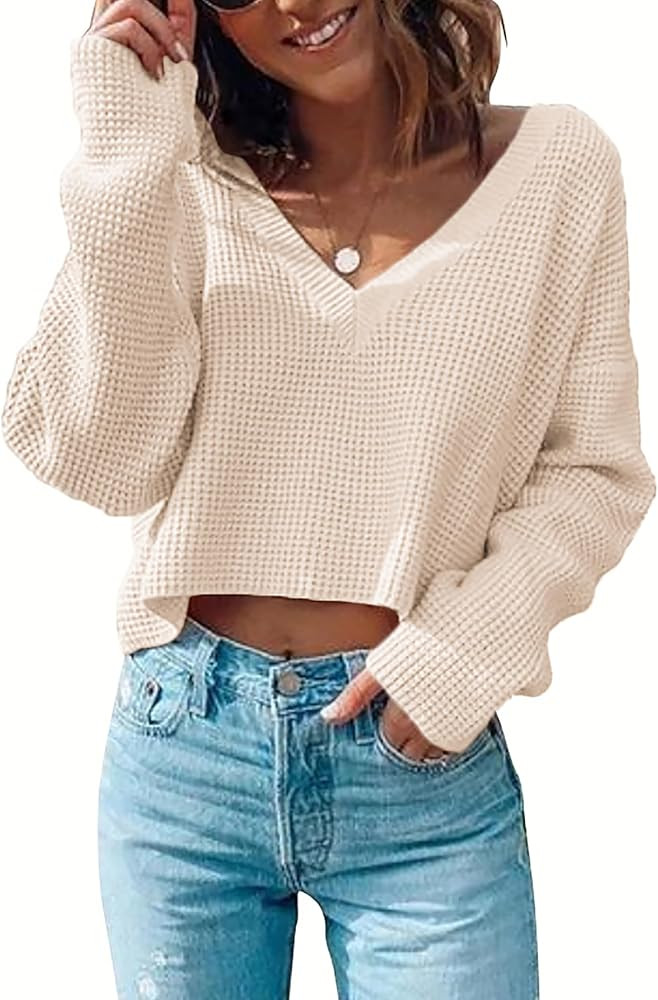 Zeagoo Women Long Sleeve Tops Waffle Knit Shirts Fashion Cropped Top Casual V Neck T Shirts | Amazon (US)