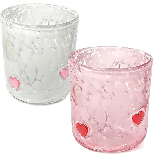 YinNorth 2 Pcs Valentine Icon Juice Glass 14oz Heart Drinking Cocktails Glasses Cute Pink White Stemless Wine Glasses Handblown Old Fashioned Couple Cups for Her Wife Women Birthday Lovely Gifts | Amazon (US)