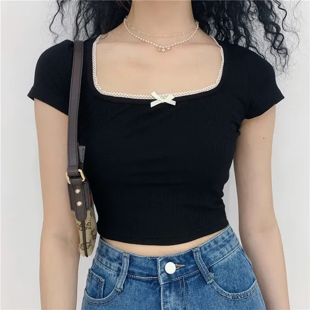 Sistyr - Square Neckline Lace Bow Short-Sleeve Top | YesStyle | YesStyle Global