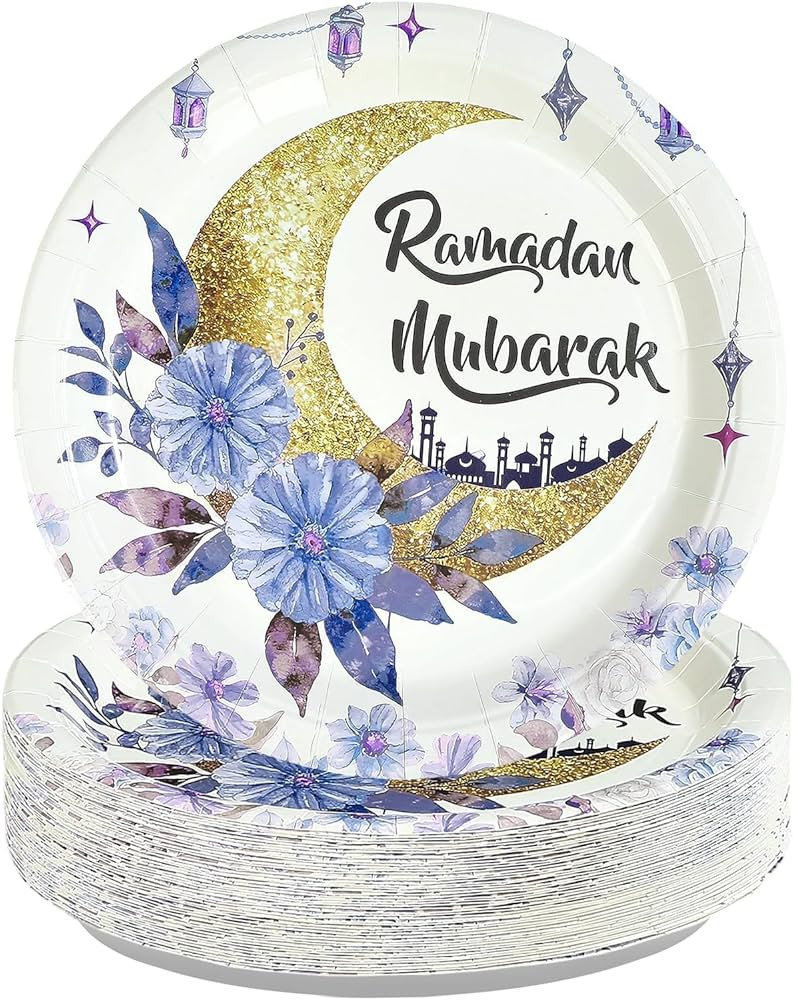 50Pcs Purple Eid Ramadan Decorations 10" Purple Watercolor Flower Lantern Moon Paper Plates Dispo... | Amazon (US)