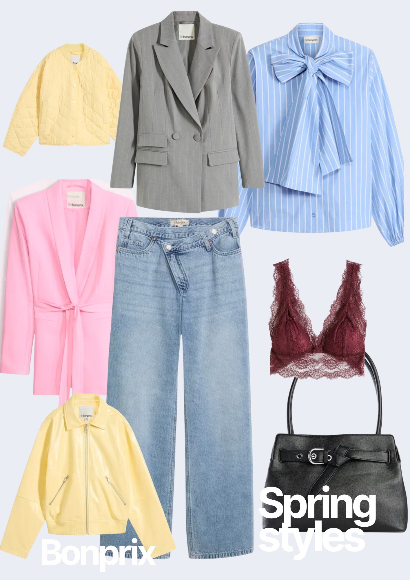 Spring styles we love at Bonprix 🫶🏼💛✨
Oversized blazers, trendy black bag, butter yellow jackets, oversized blouse and wide leg jeans and with the cute lace bralette 

#LTKWorkwear #LTKootd #LTKSeasonal
