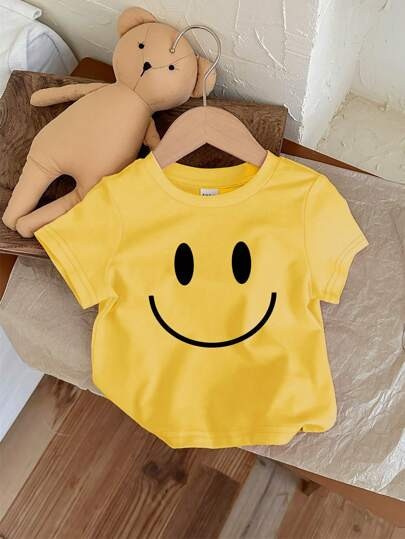 SHEIN Sunshine Yellow, Cute Cartoon Face Print, Baby Girl Casual Minimalist Round Neck Short Sleeve T-Shirt, Suitable For Summer Daily, Outdoor, School, Chill | SHEIN