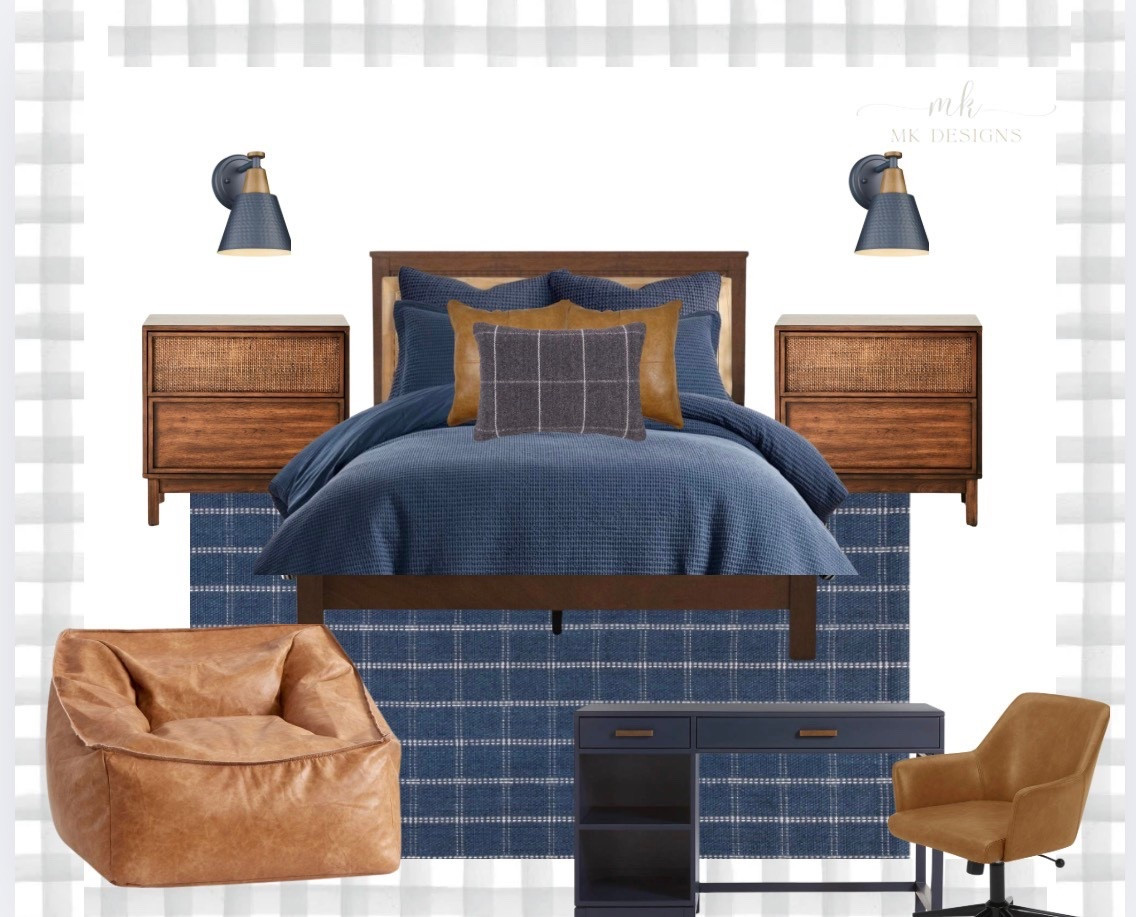 The room strikes a perfect balance between comfort and sophistication, combining rich navy tones with warm cognac leather and natural wood textures. It feels grounded and cozy yet tailored and polished — ideal for a young adult, teen, or anyone who appreciates a classic, clean-lined look.

#LTKStyleTip #LTKU
