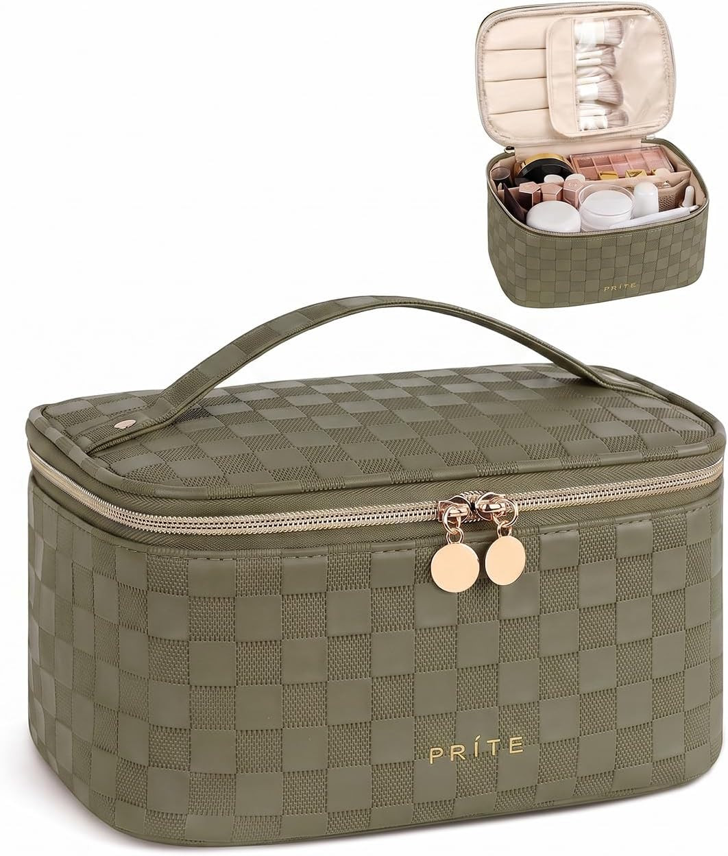 Prite Makeup Bag Toiletry Case for Women with Brush Holder, Green, Standard | Amazon (UK)