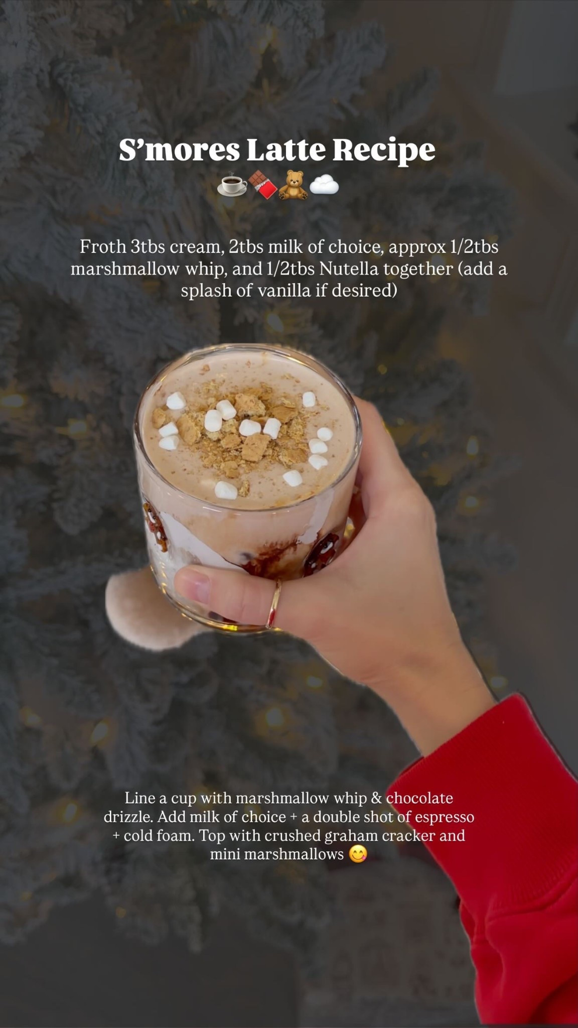 S’mores Latte Recipe
☕️🍫🧸☁️ Froth 3tbs cream, 2tbs milk of choice, approx 1/2tbs marshmallow whip, and 1/2tbs Nutella together (add a splash of vanilla if desired) Line a cup with marshmallow whip & chocolate drizzle. Add milk of choice + a double shot of espresso + cold foam. Top with crushed graham cracker and mini marshmallows 😋

#LTKmomlife #LTKfoodie