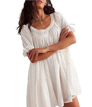 Free People Sandy Shores Scoop Neck Short Puff Sleeve Tiered Babydoll Mini Dress - M | Dillard's