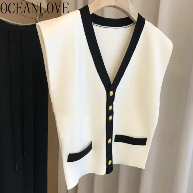 OCEANLOVE-Chaquetas de punto con cuello en V para mujer, chalecos Vintage de Color contrastante, ... | Aliexpress EU