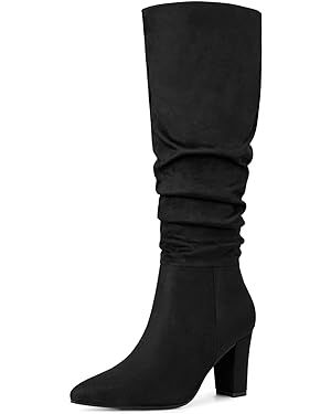 Allegra K Women's Slouchy Pointed Toe Chunky Heel Knee High Boots | Amazon (US)