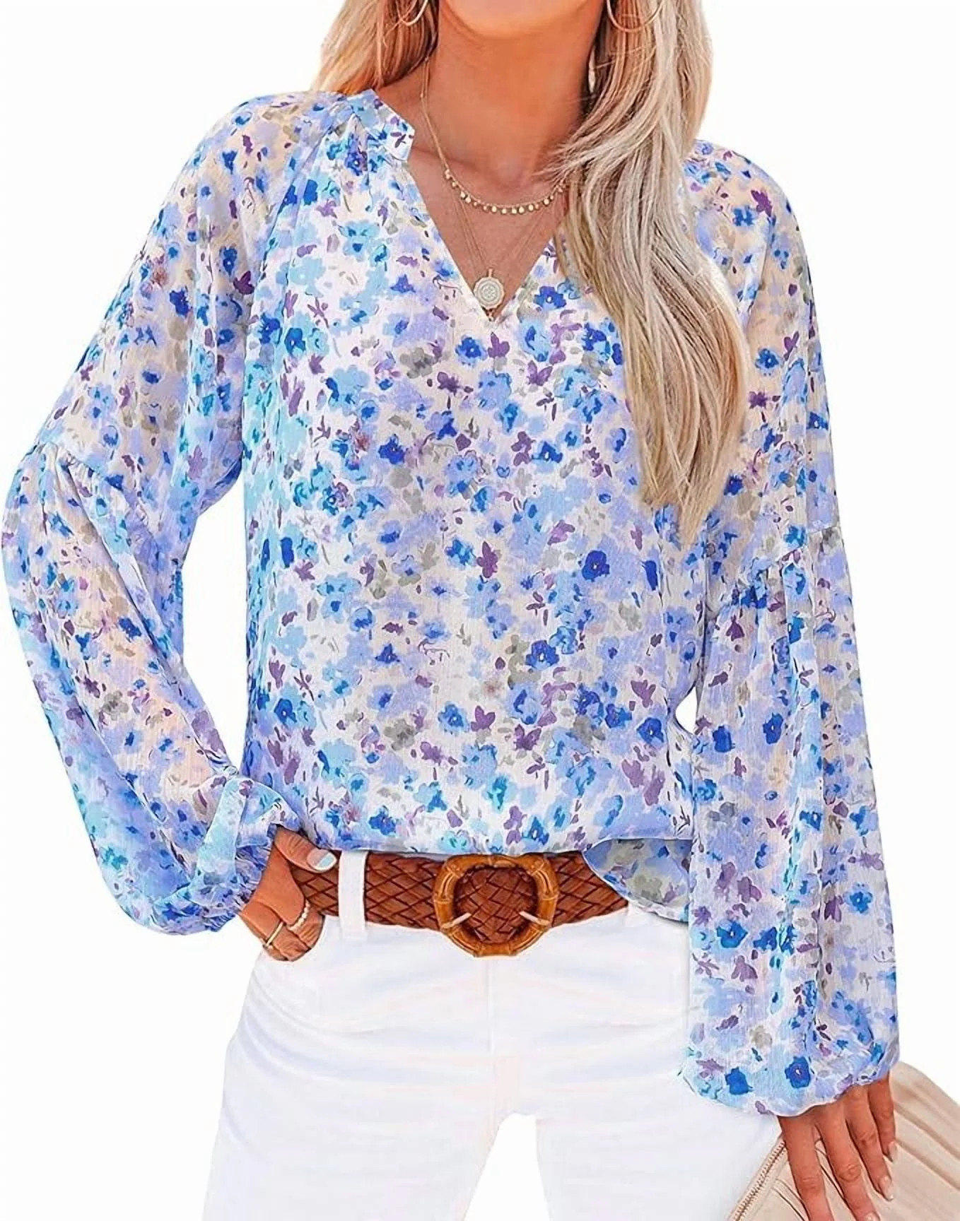 FreshPretty Women Casual Boho Blouse Dressy Floral Puff Long Sleeve Shirts V Neck Lightweight Chi... | Walmart (US)