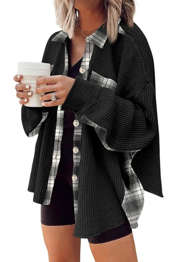 SHEWIN Womens Waffle Knit Plaid Shacket Boyfriend Button Down Shirt Jacket Loose Long Sleeve Tops | Amazon (US)
