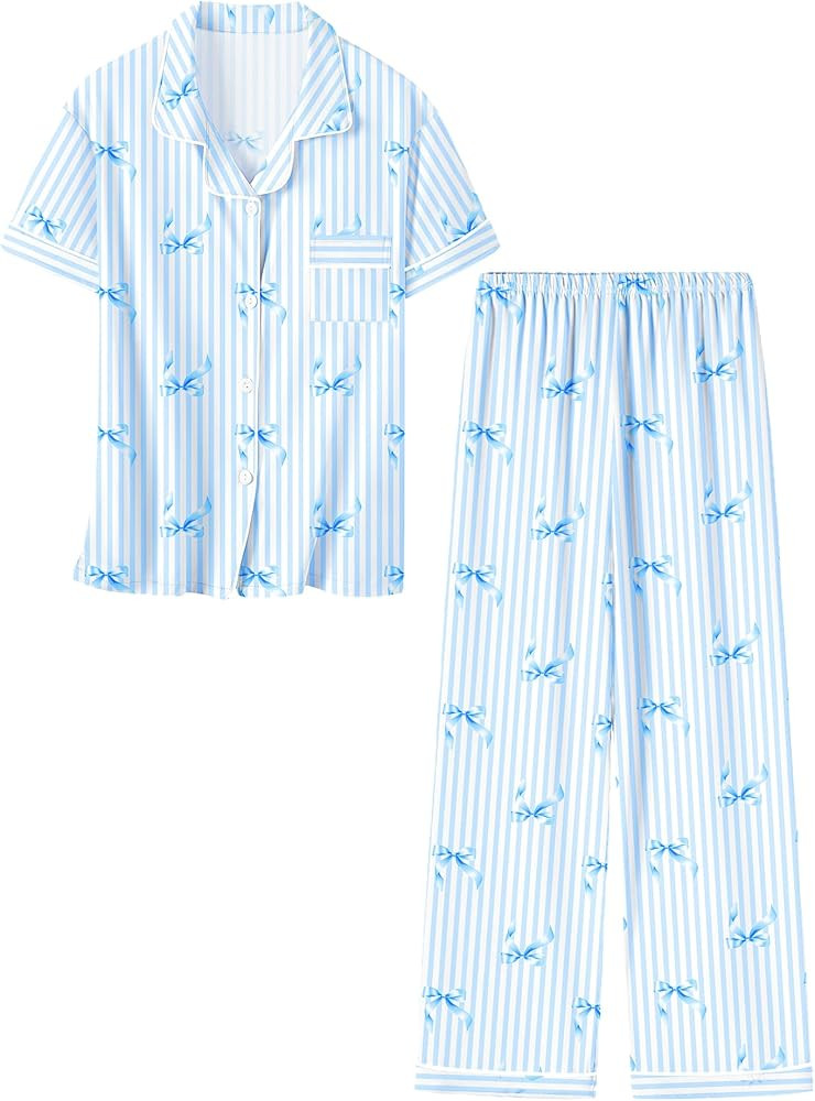 Umeyda Girls Pajamas Set Button Down Notch Collar Soft Short Sleeve Pjs Set with Long Pant Set Lo... | Amazon (US)