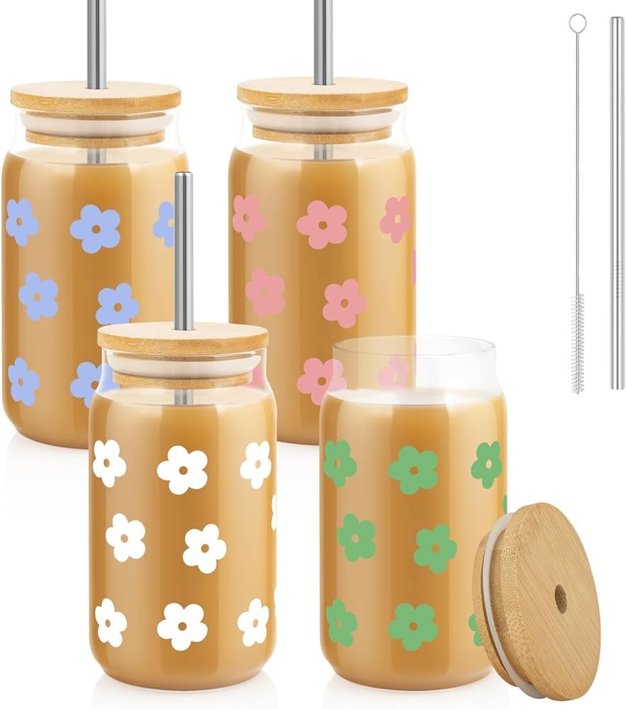 Cute Glass Cups with Bamboo Lids and Straws,4 pack 16oz Drinking Glasses,Retro Floral Can Shaped ... | Amazon (CA)