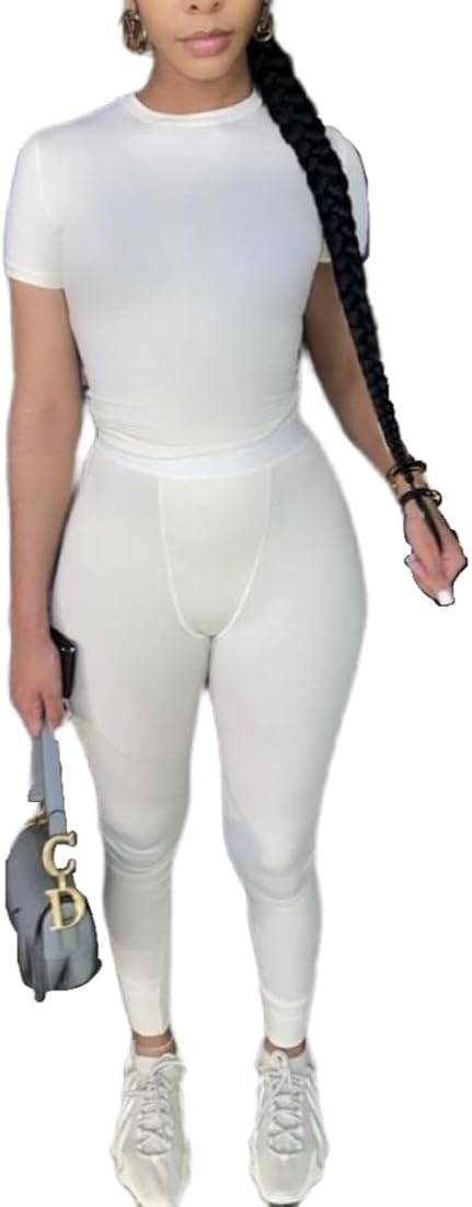 AYWA Two Piece Outfits for Women Fitted Crew Neck T-shirt High Waist Leggings Biker Shorts Matchi... | Amazon (US)