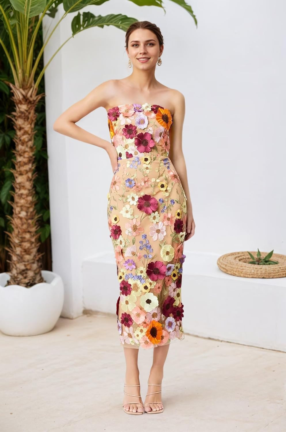 3D Floral Embroidery Prom Dresses for Women Long Strapless Flower Appliques Tulle Formal Evening Party Gowns | Amazon (US)
