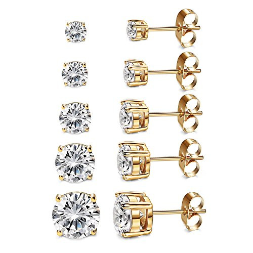 Kainier Women's 5 Pairs 14K Gold Plated CZ Stud Earrings Simulated Diamond Round Cubic Zirconia Hypoallergenic Ear Stud Set（5 Pairs) | Amazon (US)