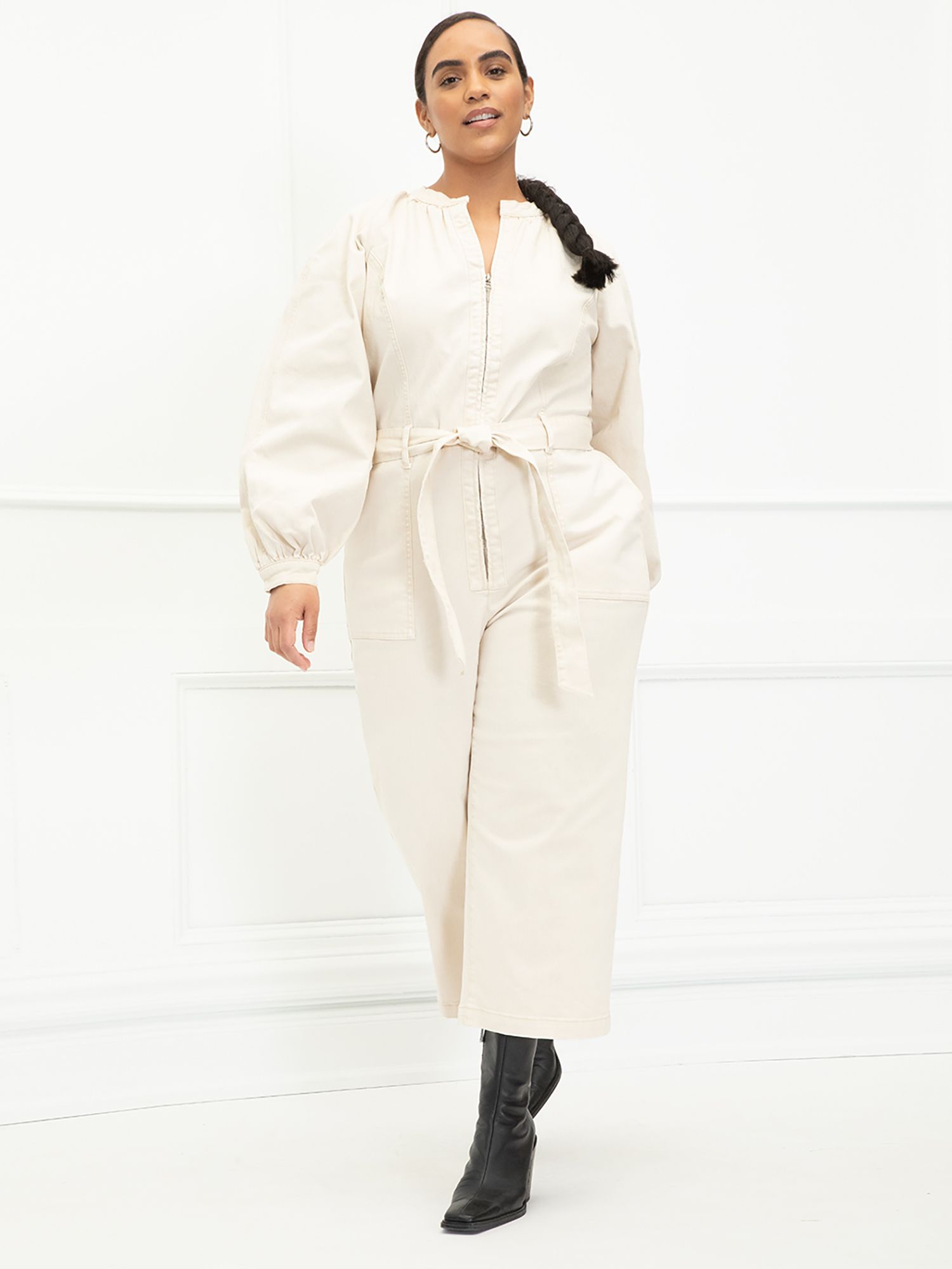 ELOQUII Elements Women's Plus Size Zip Front Jumpsuit with Tie Waist | Walmart (US)
