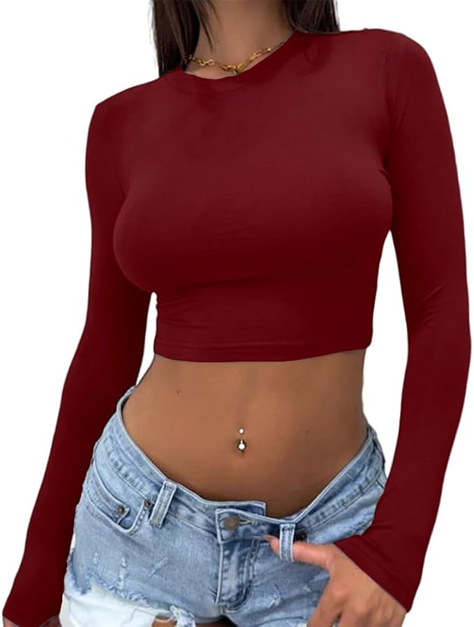 Abardsion Women's Sexy Long Sleeve Crop Top 2024 Crew Neck Basic Fitted Tight Cropped T Shirts | Amazon (US)
