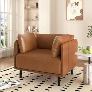 Brown Faux Leather Upholstered Arm Chair, Accent Chair with Steel Legs, 2-Pillows | The Home Depot