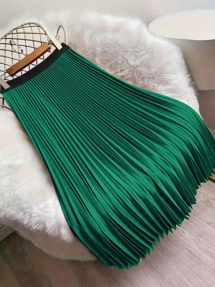 Big New Products For Autumn And Spring Green High-Waisted Pleated Skirt Draped And Slimming Mid-L... | SHEIN