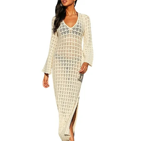 LWXQWDS Women s Crochet Bikini Cover Ups Long Sleeve V Neck Solid Color Side Split Cover Up Long Dress | Walmart (US)