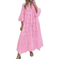 chouyatou Women's 2026 Lace Eyelet Embroidery Maxi Dress V-Neck Trumpet Sleeve Boho Flowy Swing D... | Amazon (US)