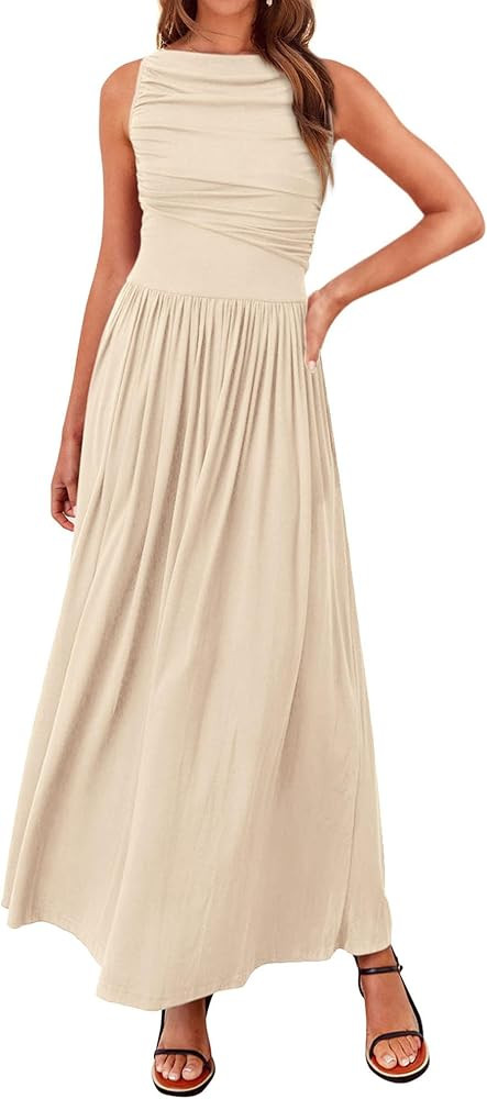 BTFBM Women 2025 Summer Sleeveless Ruched Maxi Dresses Boat Neck High Waist Wedding Guest Cocktai... | Amazon (US)