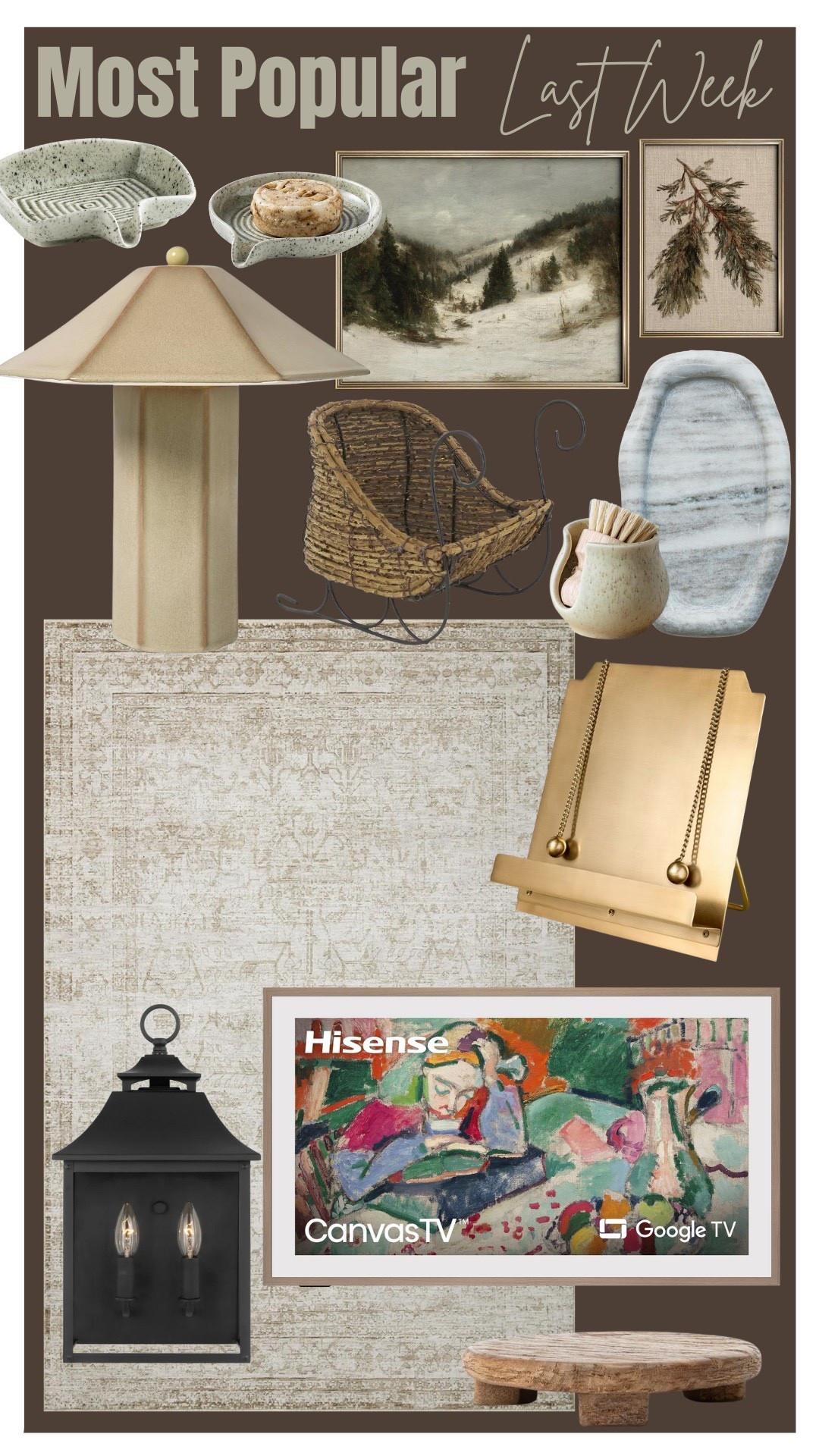 Most popular items last week | Amazon finds | target | studio McGee ceramic lamp | kitchen styling decor | winter art | Hisense canvas tv | cookbook stand | Amazon echo show15 | McGee & co wood pedestal | outdoor wall sconce | wicker sleigh | marble tray | Etsy finds | soap dish | sponge holder | kitchen sink styling 

#LTKHome #LTKFindsUnder50 #LTKFindsUnder100