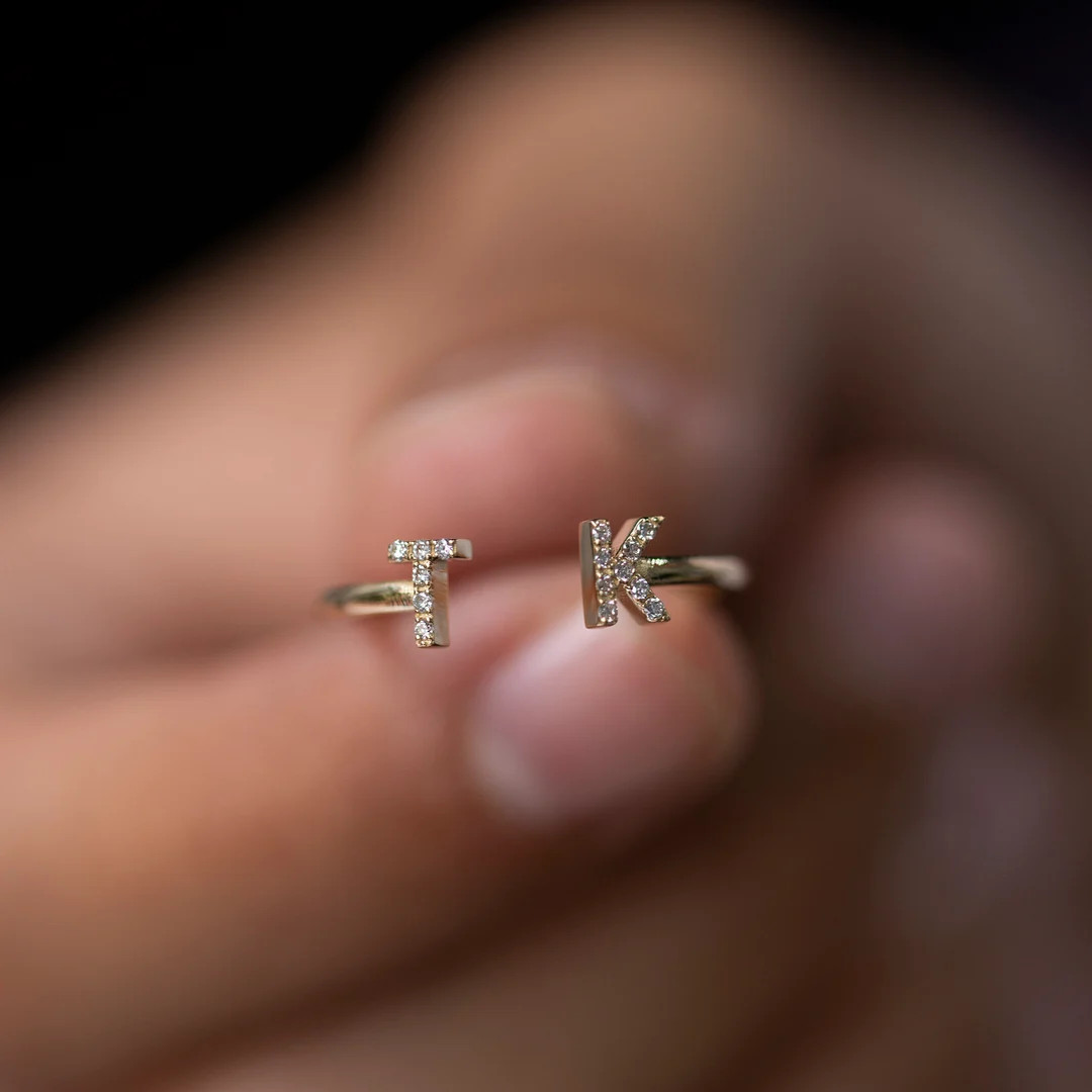 14K Gold Diamond Personalized Initial Cuff Ring / Gold Diamond Two Initials Ring / Diamond Letter... | Etsy (US)