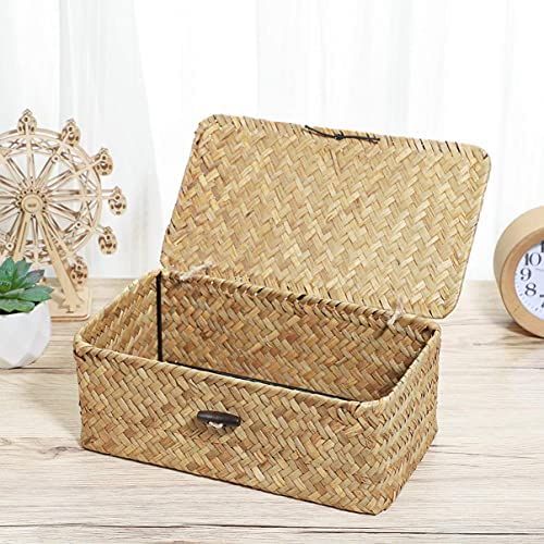 IMIKEYA Woven Storage Box Wicker Storage Bins with Lid Seagrass Basket Desktop Hand- Woven Box fo... | Amazon (US)