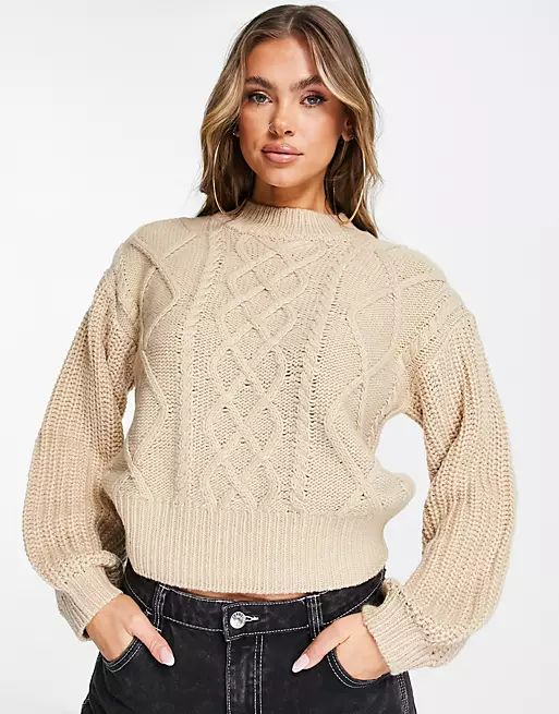 NA-KD cable knit jumper with balloon sleeve in light beige | ASOS (Global)