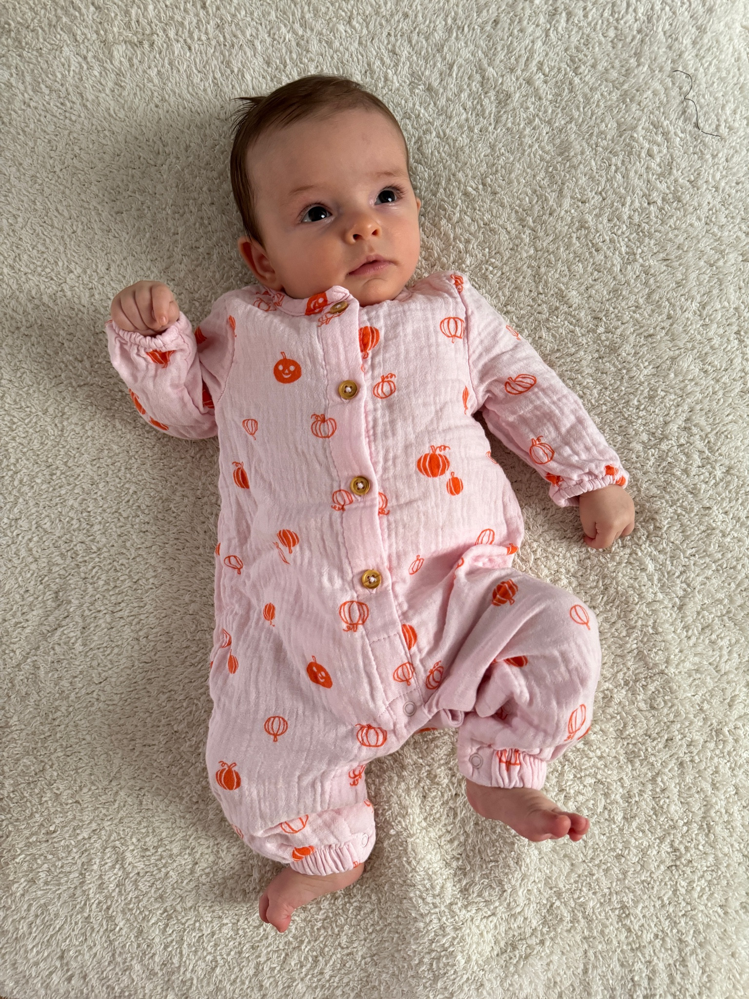 100% cotton lightweight pink onesie with pumpkins 

#LTKKids #LTKBaby #LTKSeasonal