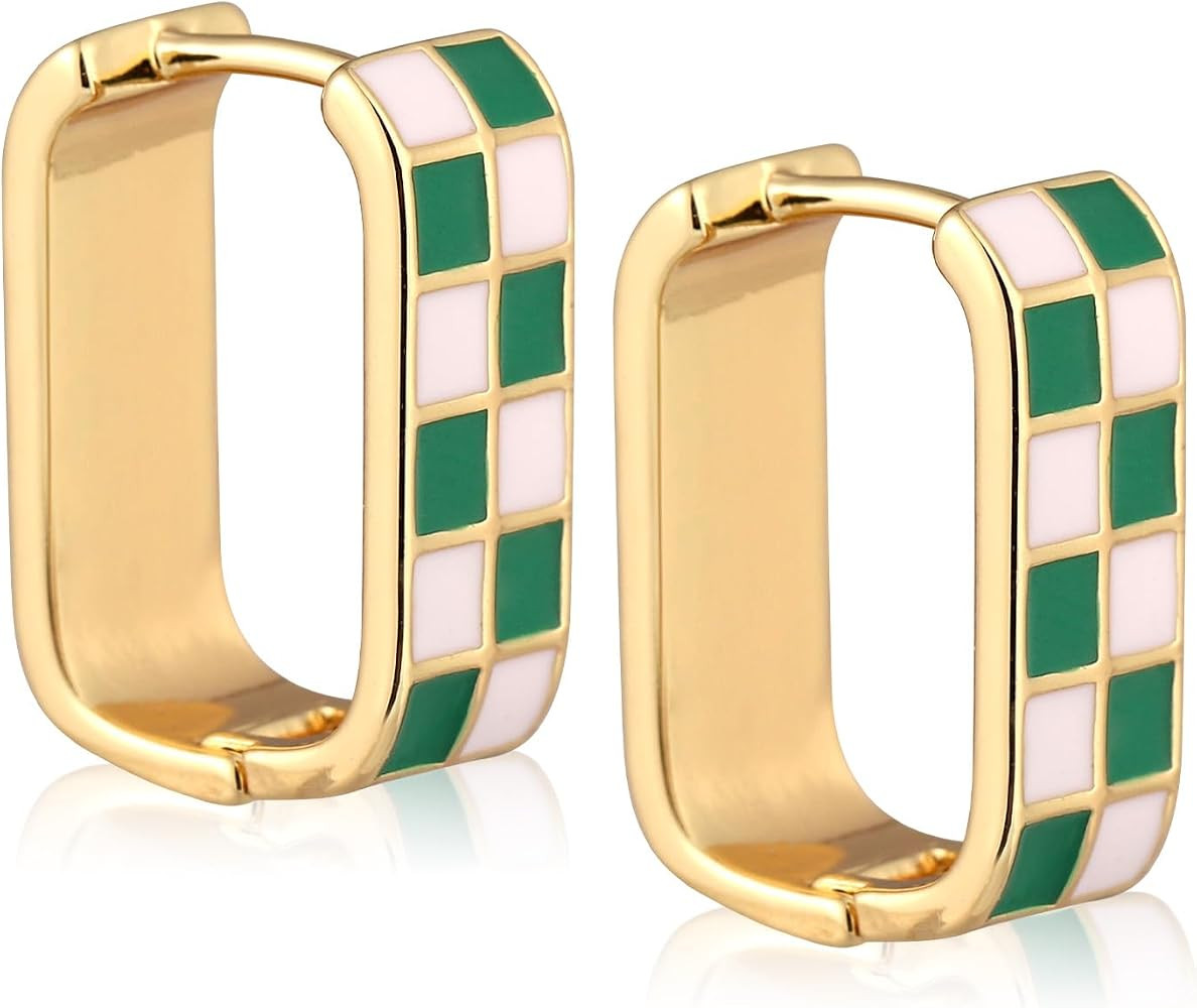 Checkered Earrings, Green & Gold Vintage Rectangle Hoop Earrings, Plaid Chunky Hoop Earrings, Tre... | Amazon (US)