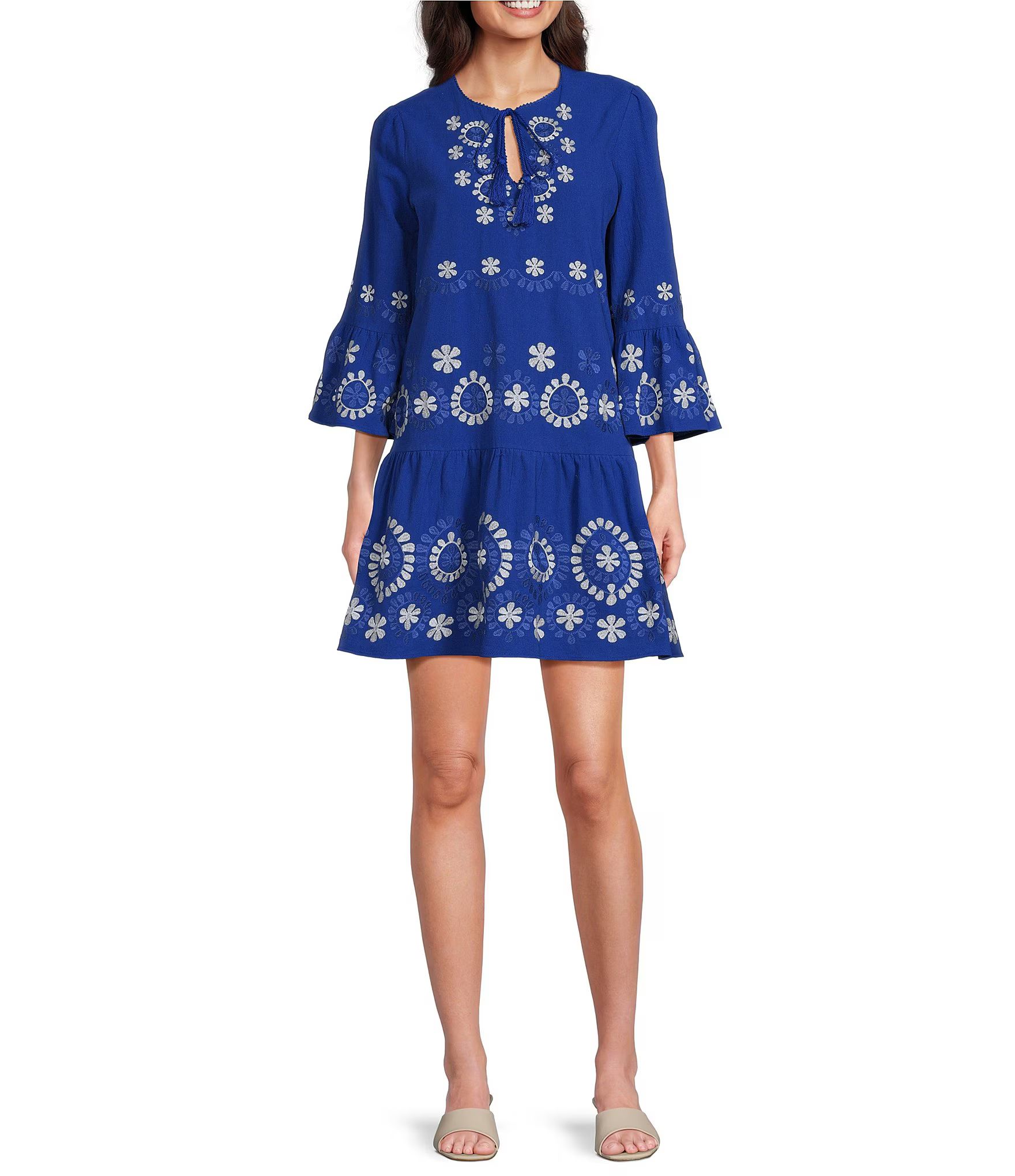 Holly Split Round Neck Bell Sleeve Embroidered Tiered Shift Dress | Dillard's